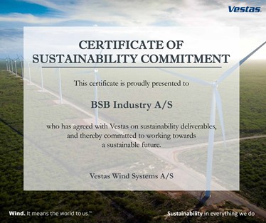 BSB Industry AS Vestas Nachhaltigkeitszertifikat